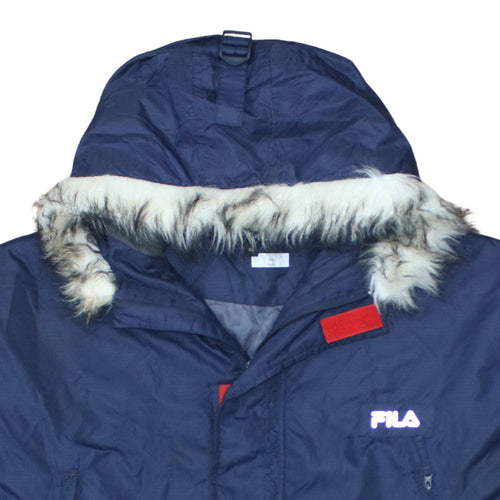 Fila Men's Blue Hooded Parka Jacket XL Faux Fur Trim Winter Coat
