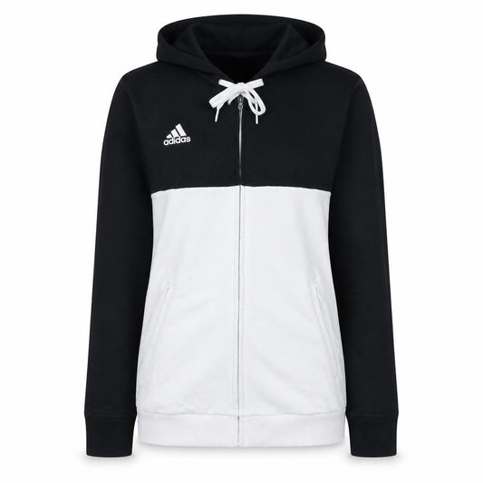 Front view of Adidas women’s black & white full zip hoodie, size M, 12-14 hooded sweatshirt