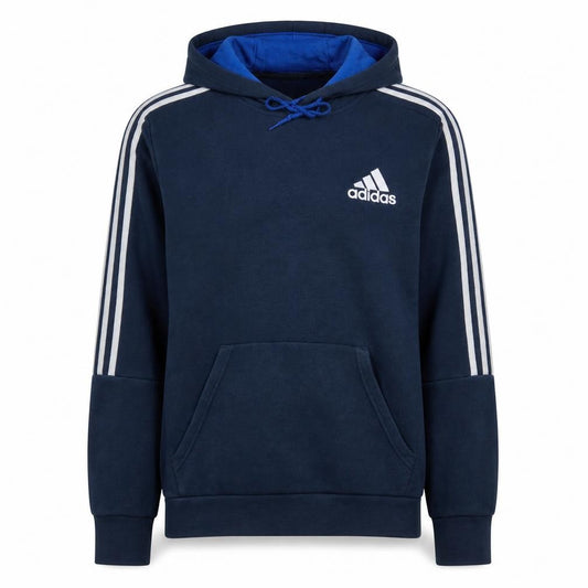 Front view of Adidas Men Blue Pullover Hoodie Medium Fleece Sportswear