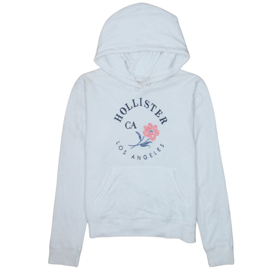 Hollister Women White Pullover Hoodie L Floral Logo Print Casual