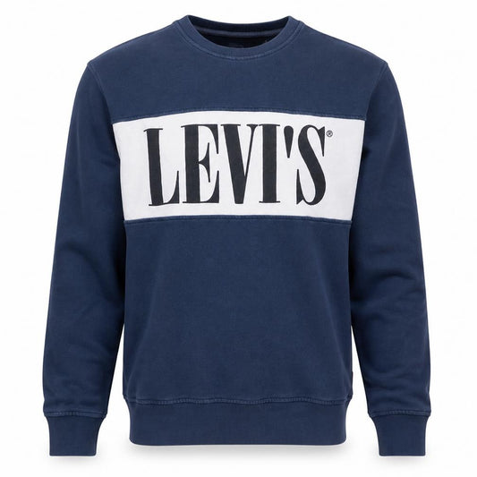 Front view of Levi's men’s blue logo crew neck pullover sweatshirt, size L