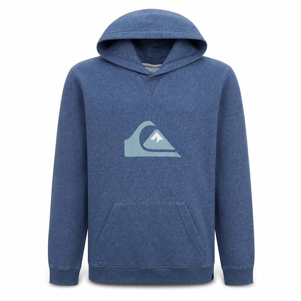 Front view of Quiksilver boys’ blue pullover hoodie, size 16, graphic print cotton blend