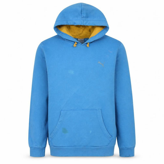 Front view of Puma Men's Blue Pullover Hoodie, size L, with Logo Detail