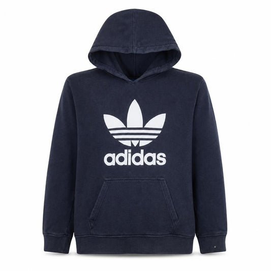 Front view of Adidas men’s blue pullover hoodie s graphic trefoil sweatshirt