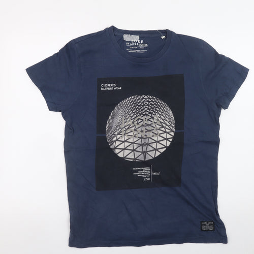 Jack & Jones Men's Blue Graphic Print Crew Neck T-Shirt Size L