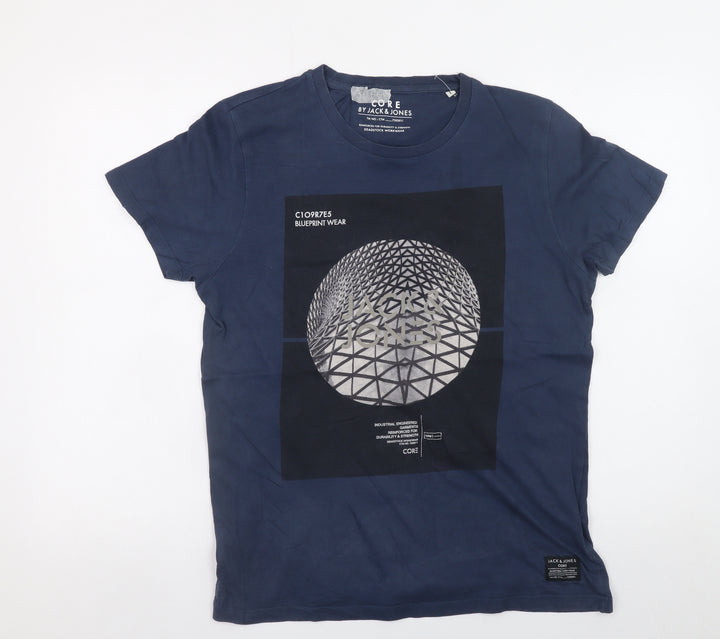 Jack & Jones Men's Blue Graphic Print Crew Neck T-Shirt Size L