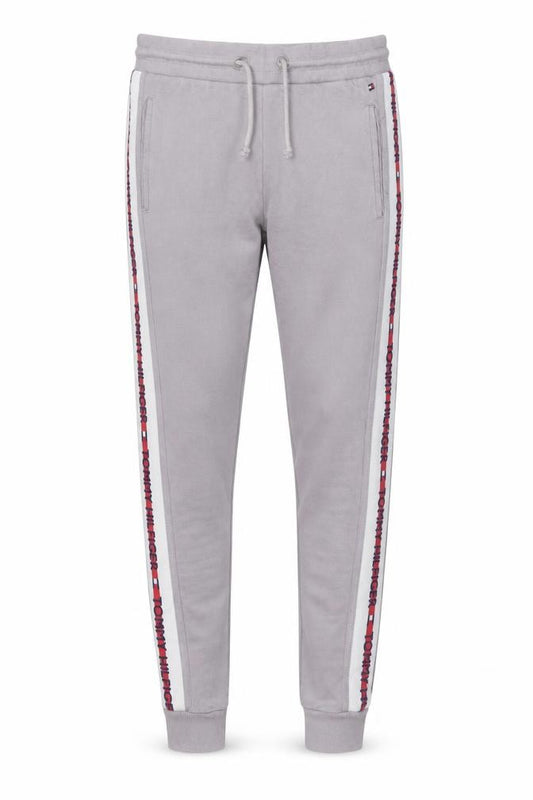 Front view of Tommy Hilfiger men’s grey logo jogger trousers, size S