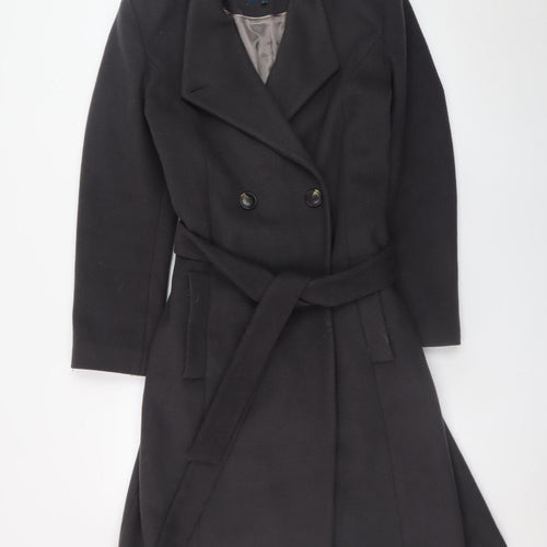 Viyella Women's Black Wool Blend Belted Mid-Length Overcoat Size 12