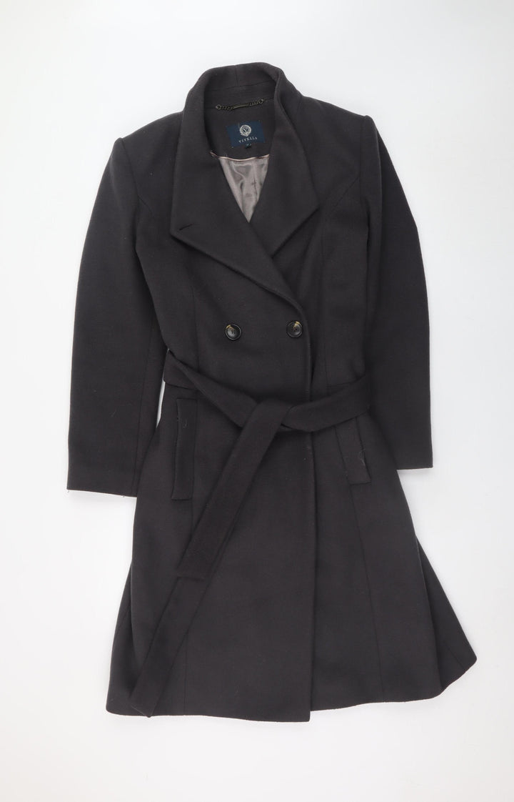 Viyella Women's Black Wool Blend Belted Mid-Length Overcoat Size 12