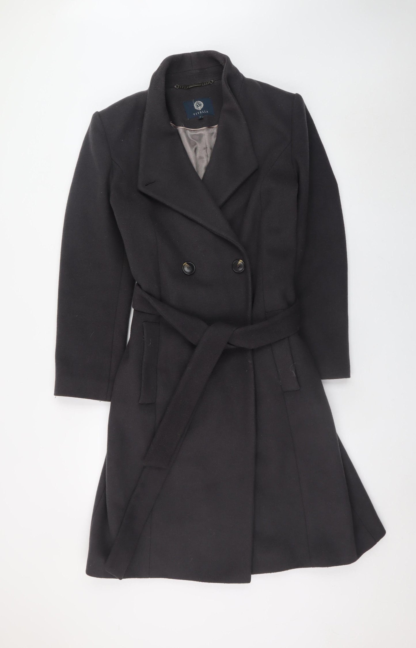 Viyella Women's Black Wool Blend Belted Mid-Length Overcoat Size 12