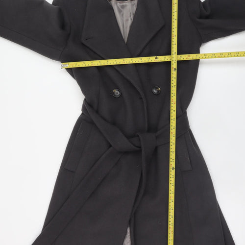 Viyella Women's Black Wool Blend Belted Mid-Length Overcoat Size 12
