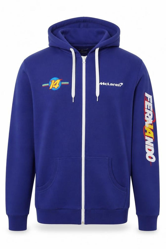 Front view of McLaren men’s blue full zip hoodie xxl racing graphic sweatshirt