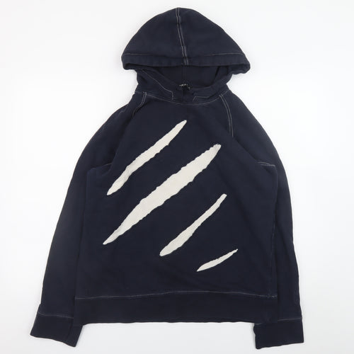 Topman Men's Navy Blue XL Pullover Hoodie with Claw Slash Design