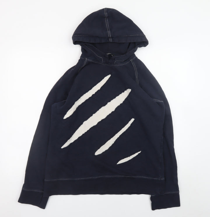 Topman Men's Navy Blue XL Pullover Hoodie with Claw Slash Design