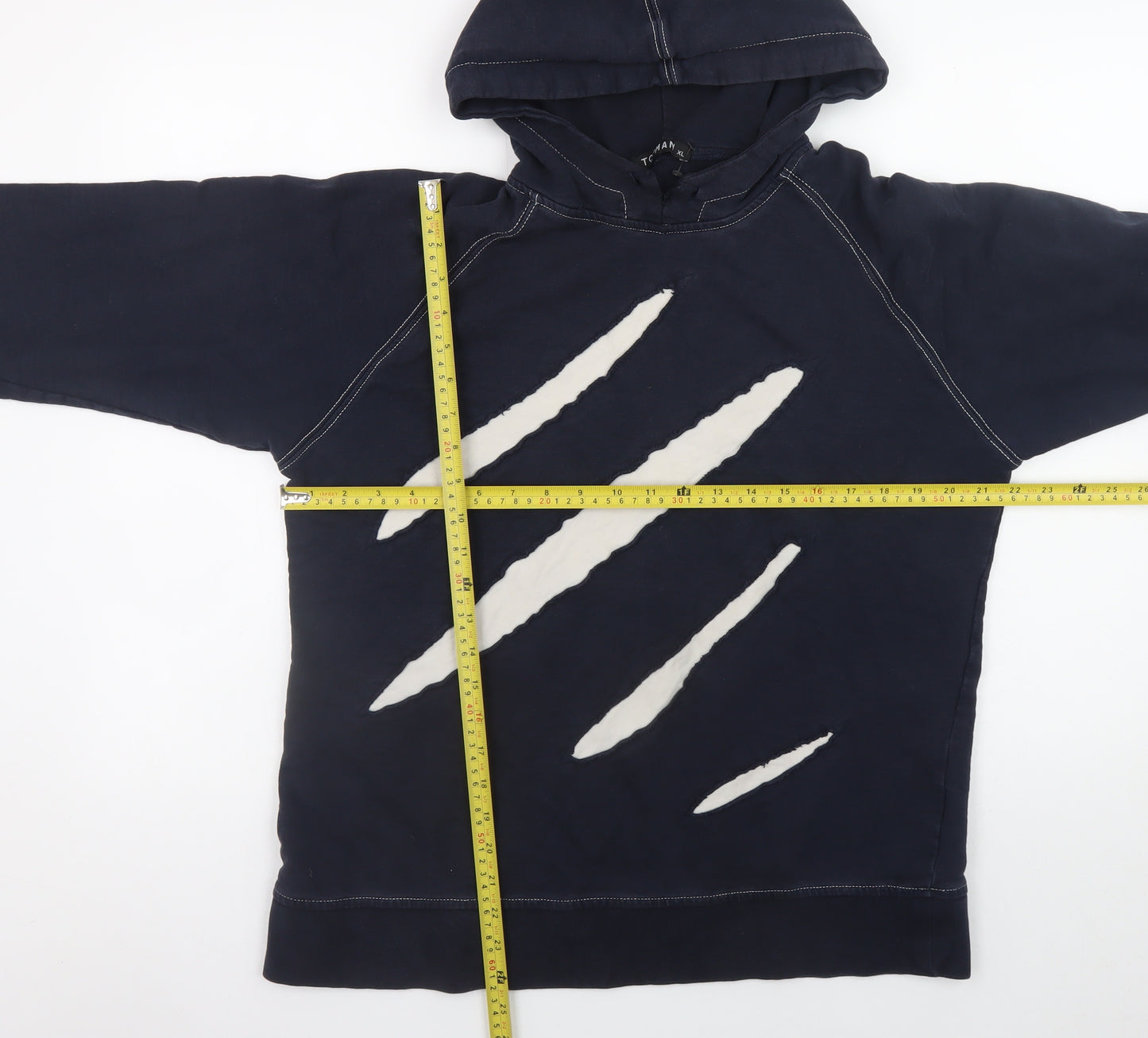 Topman Men's Navy Blue XL Pullover Hoodie with Claw Slash Design