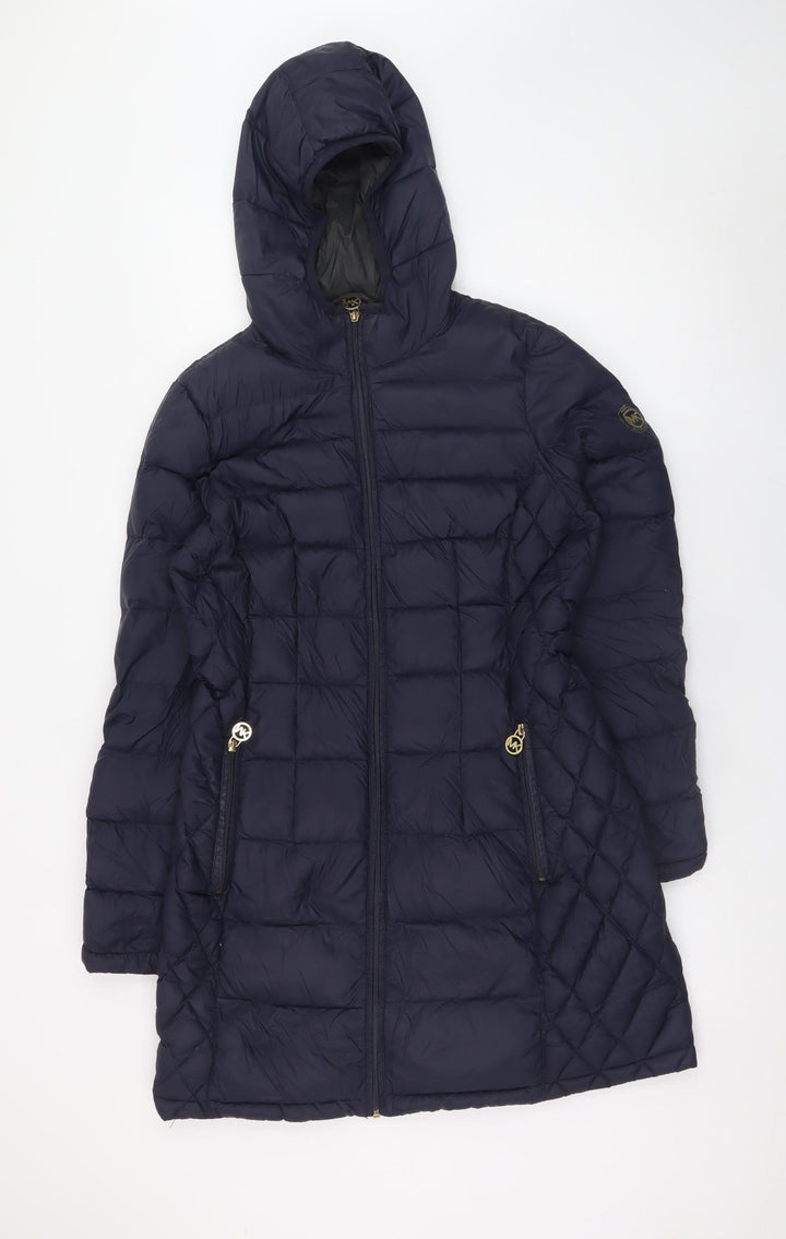 Michael Kors Women's Blue Long Hooded Down Puffer Coat Size S