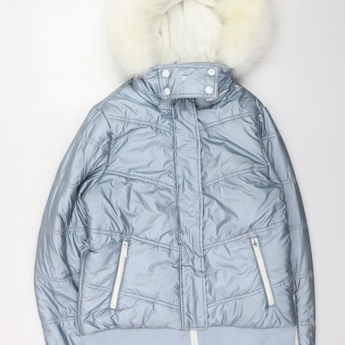 Topshop Womens Silver Puffer Jacket Hooded Faux Fur Trim Size 14