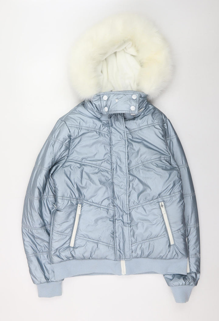 Topshop Womens Silver Puffer Jacket Hooded Faux Fur Trim Size 14