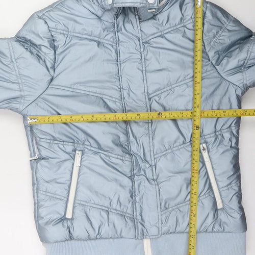 Topshop Womens Silver Puffer Jacket Hooded Faux Fur Trim Size 14