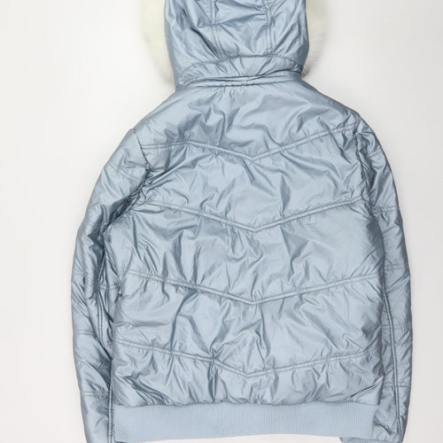 Topshop Womens Silver Puffer Jacket Hooded Faux Fur Trim Size 14
