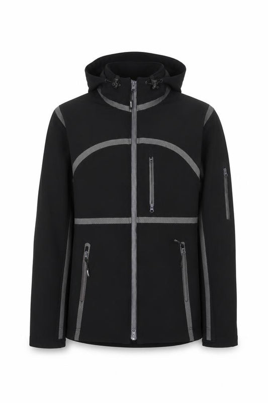 Front view of Kombi Men's Black Softshell Hooded Jacket, size S, Outdoor