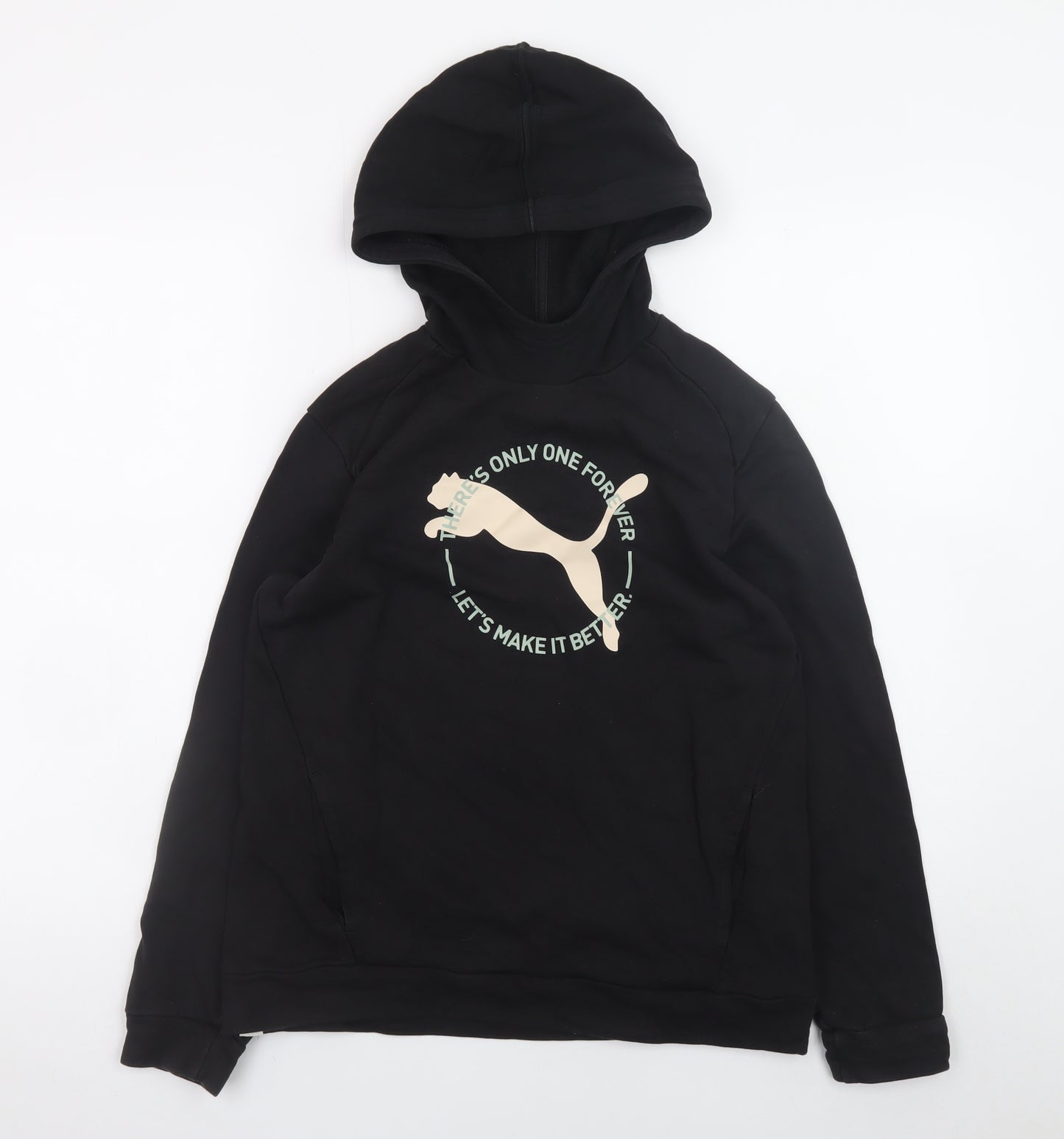 Puma Boys Black Pullover Hoodie 13-14 Years Cotton Viscose Logo Sweatshirt