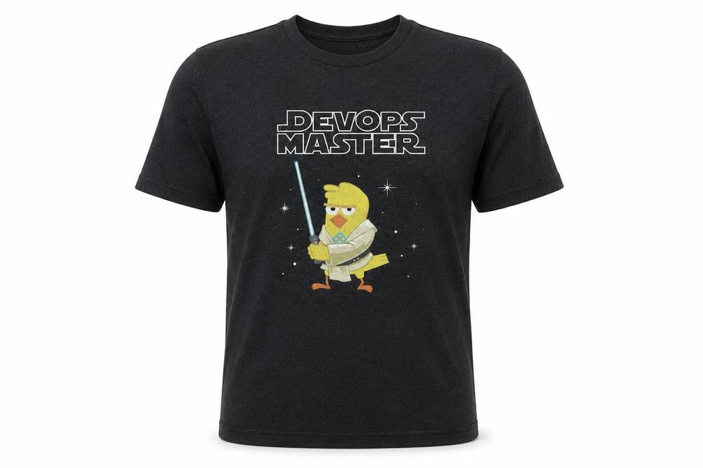 Front view of Next Level Men’s Black DevOps Master Graphic T-Shirt, size M