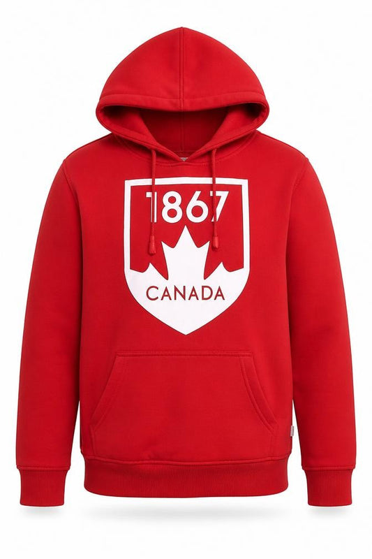 Front view of TM Blenz Men's Red Pullover Hoodie Small Canada Logo Fleece