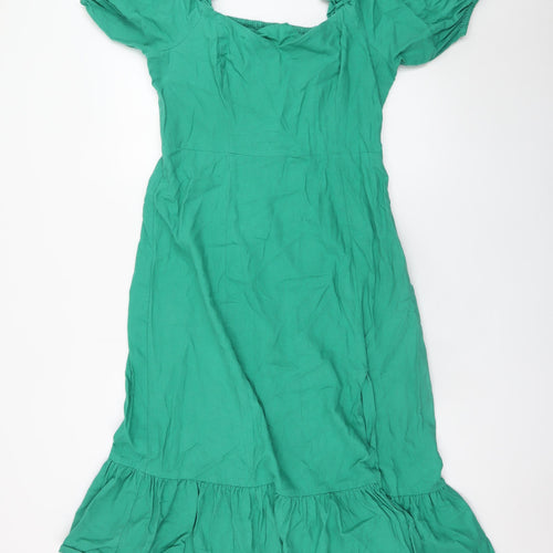 Feather & Bone London Women's Green Linen Blend Midi Puff Sleeve Dress Size 14