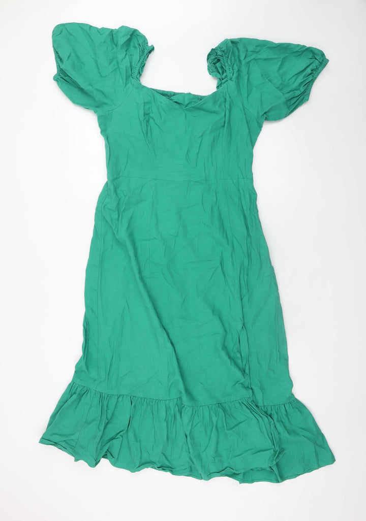 Feather & Bone London Women's Green Linen Blend Midi Puff Sleeve Dress Size 14