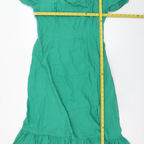 Feather & Bone London Women's Green Linen Blend Midi Puff Sleeve Dress Size 14