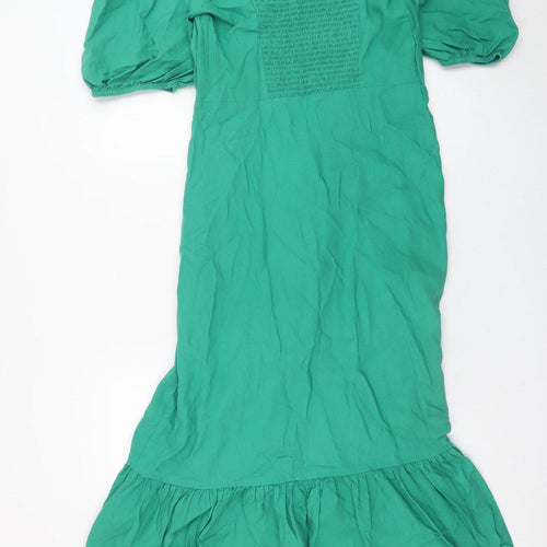 Feather & Bone London Women's Green Linen Blend Midi Puff Sleeve Dress Size 14