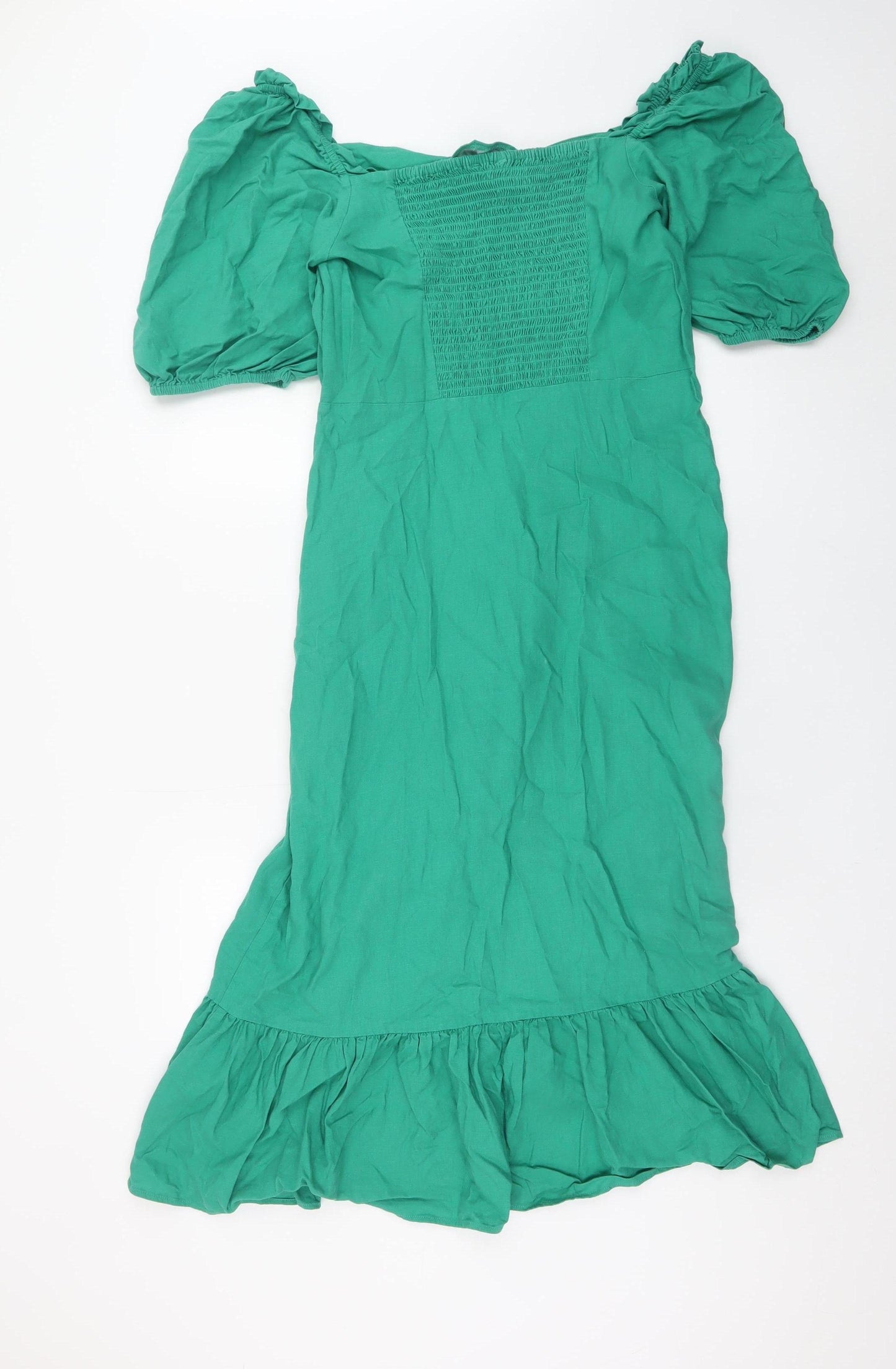 Feather & Bone London Women's Green Linen Blend Midi Puff Sleeve Dress Size 14