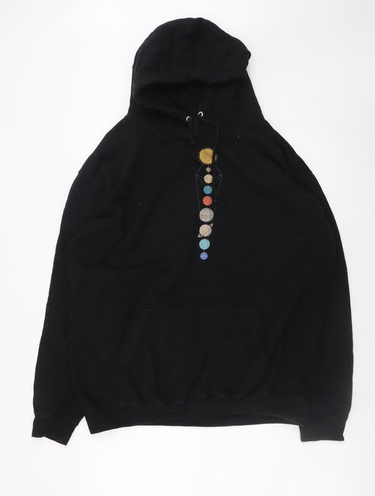 Just Hoods Mens Black XL Pullover Hoodie with Solar System Embroidery