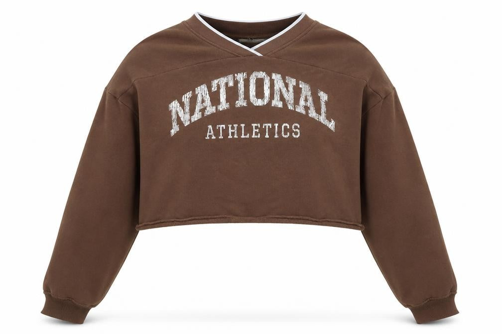Front view of H&M Divided Brown Cropped Pullover Sweatshirt Women L National Athletics