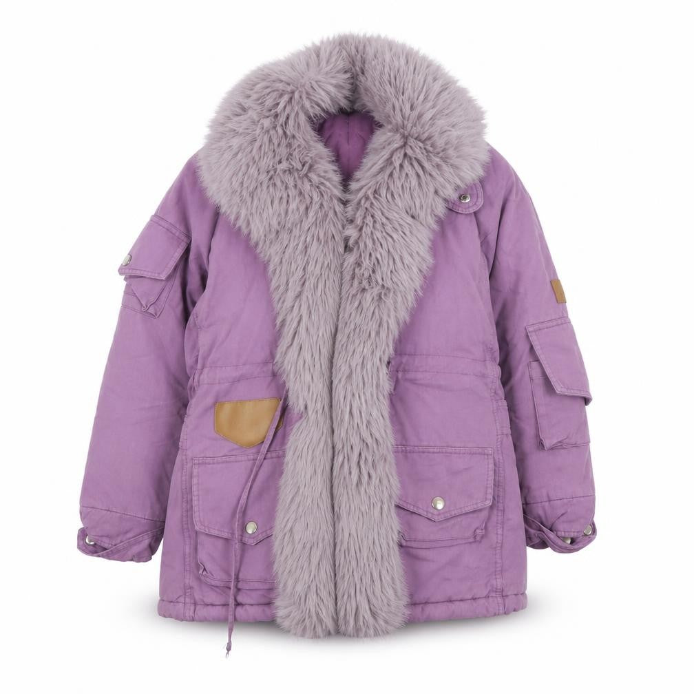 Y.J Women’s Purple Fur Trim Parka Jacket Size L Long Sleeve Winter Coat