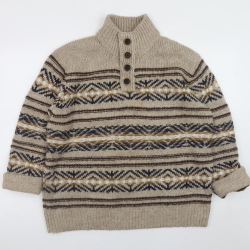 Mantaray Men's Beige Fair Isle Henley Jumper L Wool Blend Knit