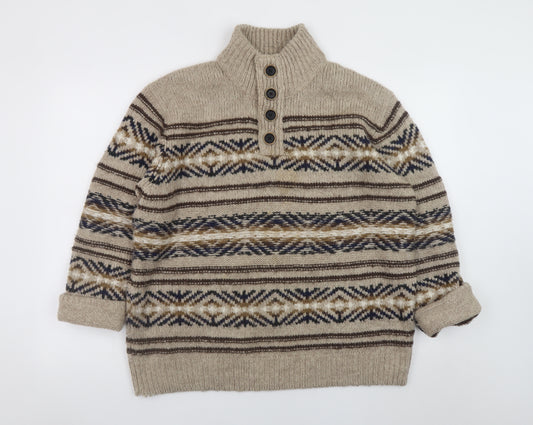 Mantaray Men's Beige Fair Isle Henley Jumper L Wool Blend Knit