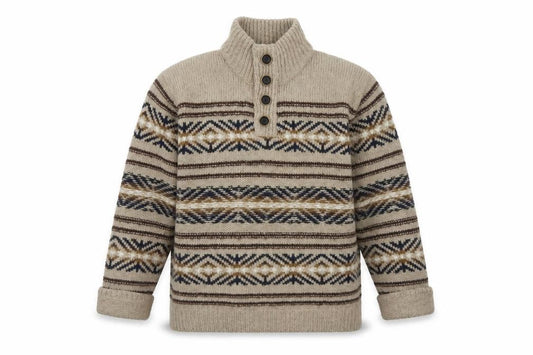 Front view of Mantaray Men's Beige Fair Isle Henley Jumper L Wool Blend Knit
