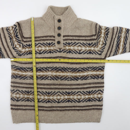 Mantaray Men's Beige Fair Isle Henley Jumper L Wool Blend Knit