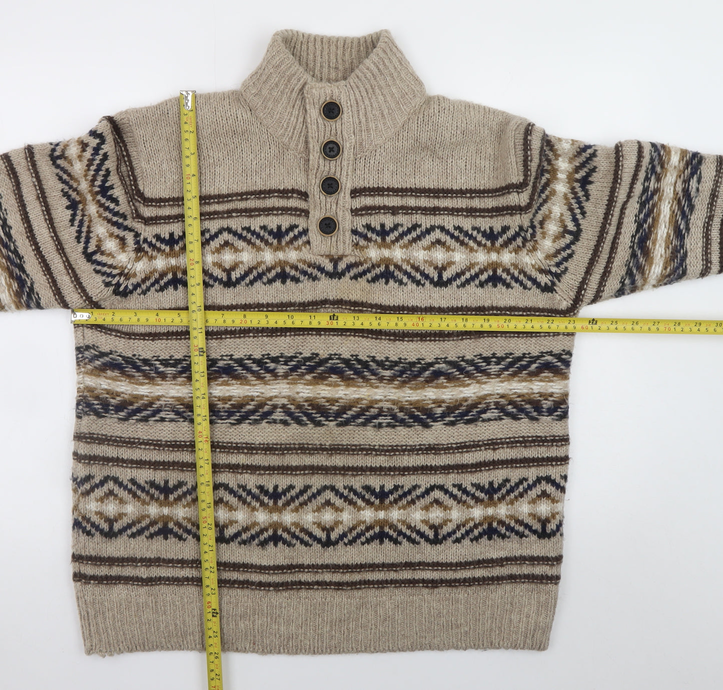 Mantaray Men's Beige Fair Isle Henley Jumper L Wool Blend Knit