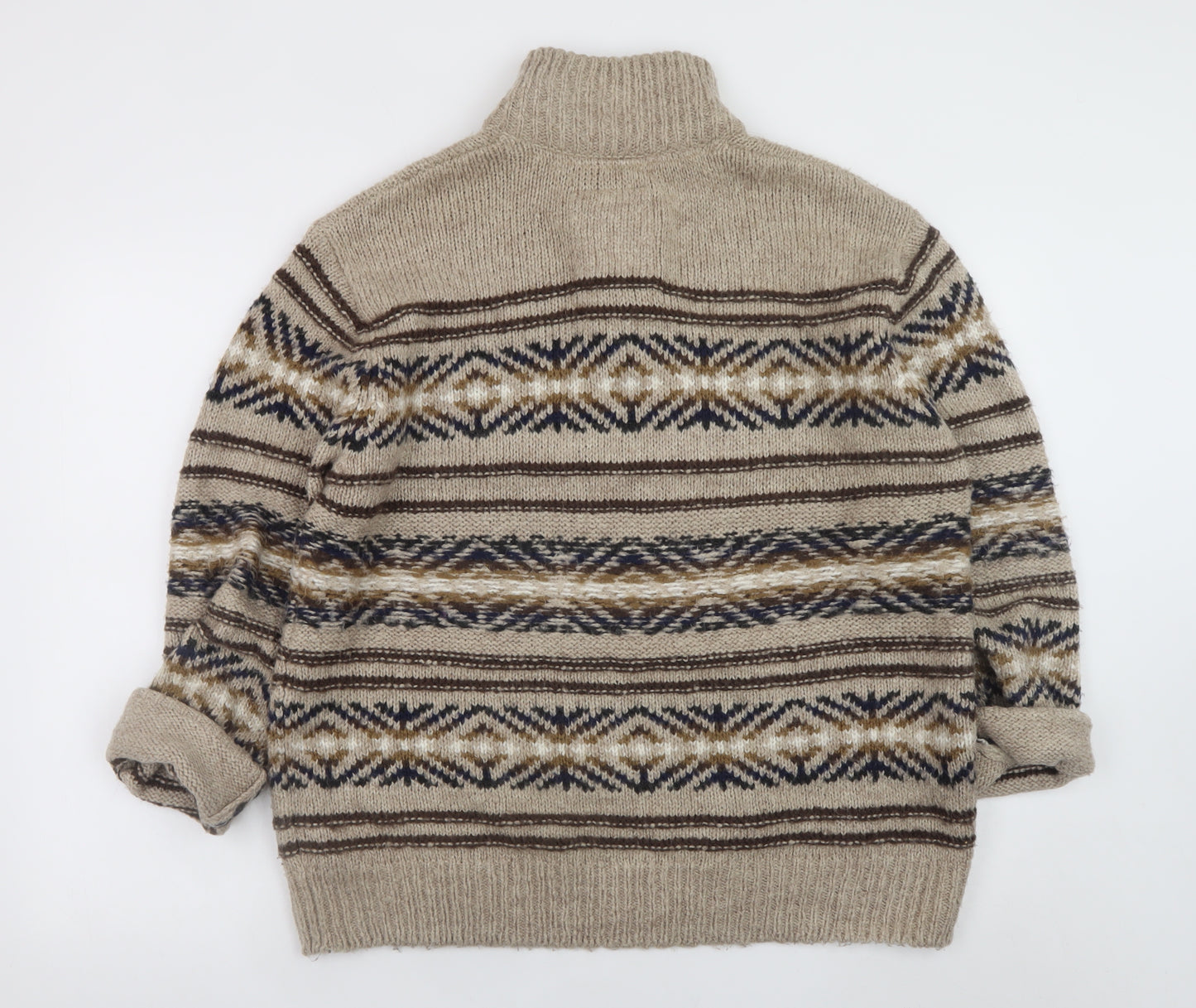 Mantaray Men's Beige Fair Isle Henley Jumper L Wool Blend Knit