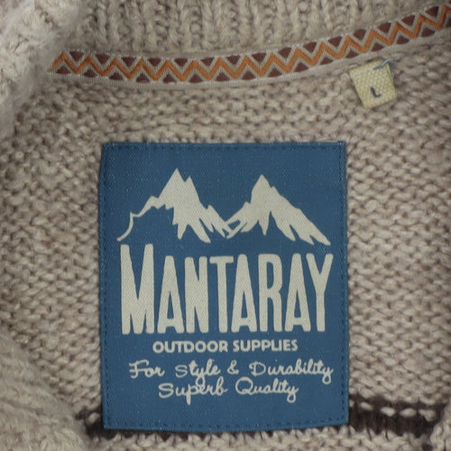 Mantaray Men's Beige Fair Isle Henley Jumper L Wool Blend Knit