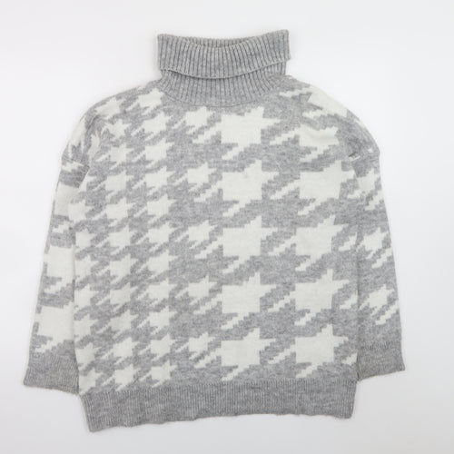 New Look Women Grey Roll Neck Houndstooth Knit Jumper Size M