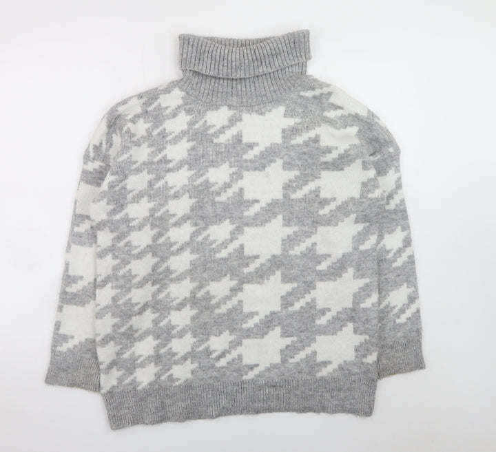 New Look Women Grey Roll Neck Houndstooth Knit Jumper Size M