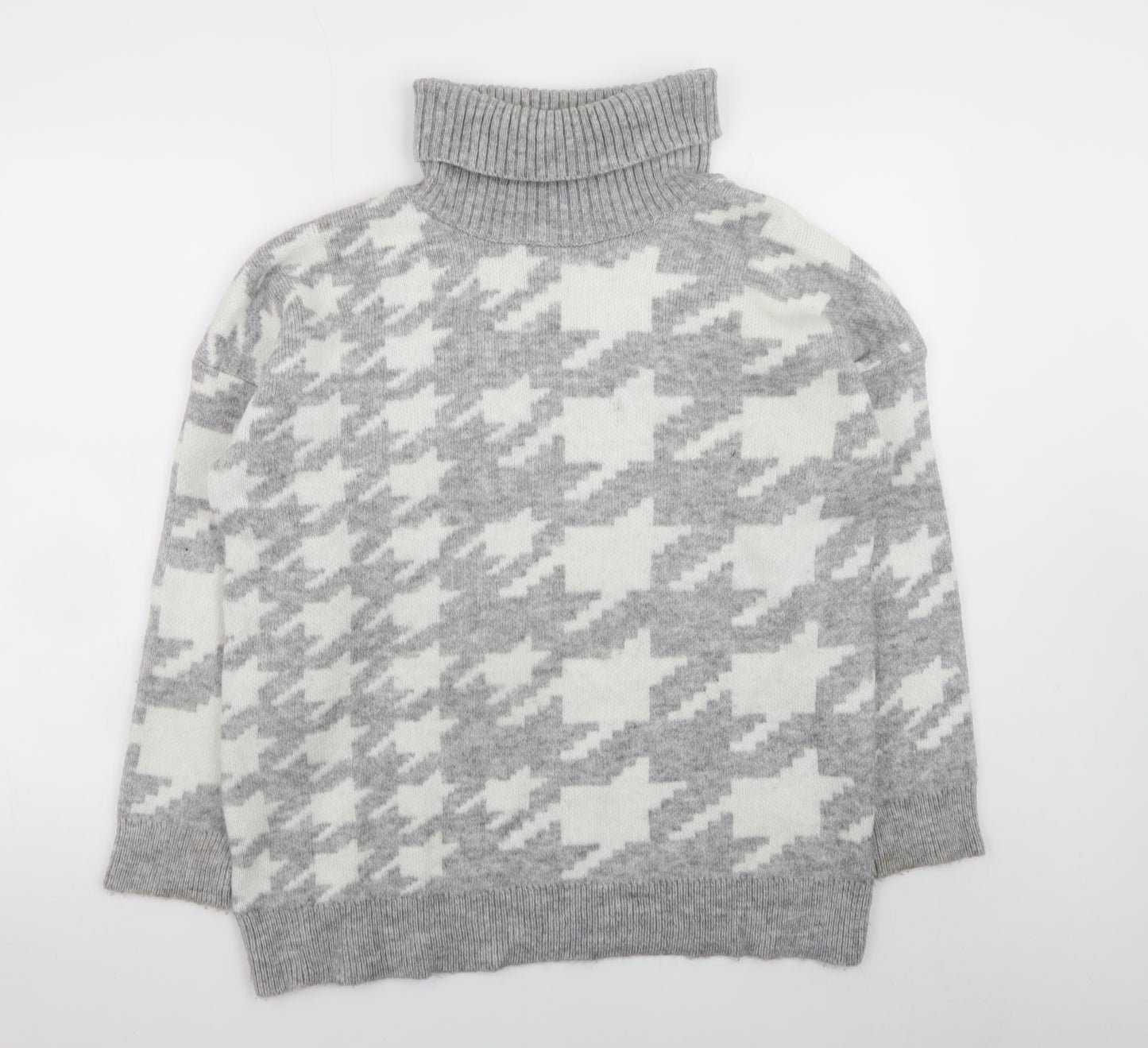 New Look Women Grey Roll Neck Houndstooth Knit Jumper Size M