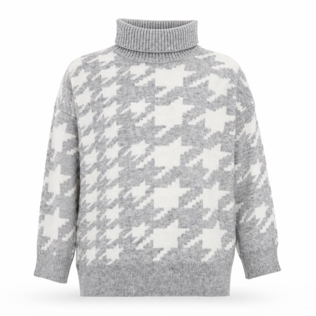 Front view of New Look Women Grey Roll Neck Houndstooth Knit Jumper, size M