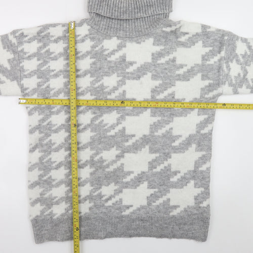 New Look Women Grey Roll Neck Houndstooth Knit Jumper Size M
