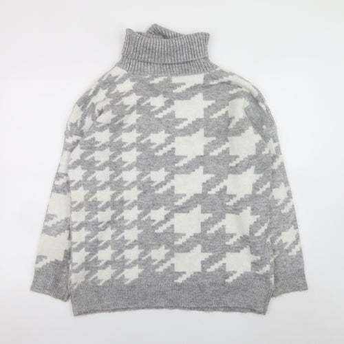 New Look Women Grey Roll Neck Houndstooth Knit Jumper Size M
