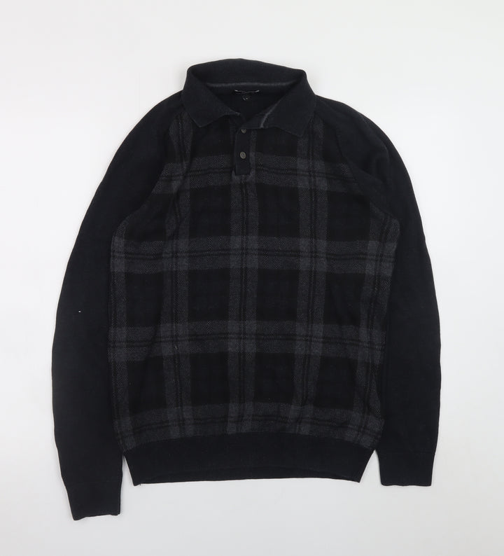 Next Men's Black Check Collared Cotton Long Sleeve Casual Shirt M